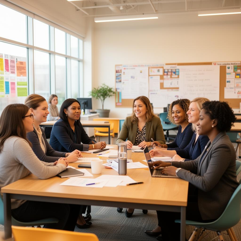 Educators and Empower U clinicians collaborating in an Atlanta school staff room